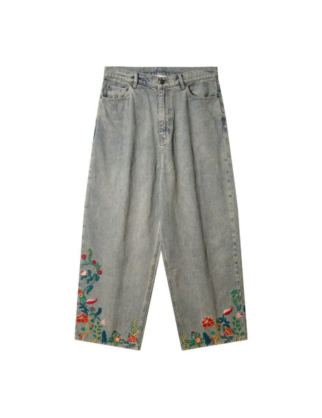 Floral Embroidered Wide-Leg Jeans