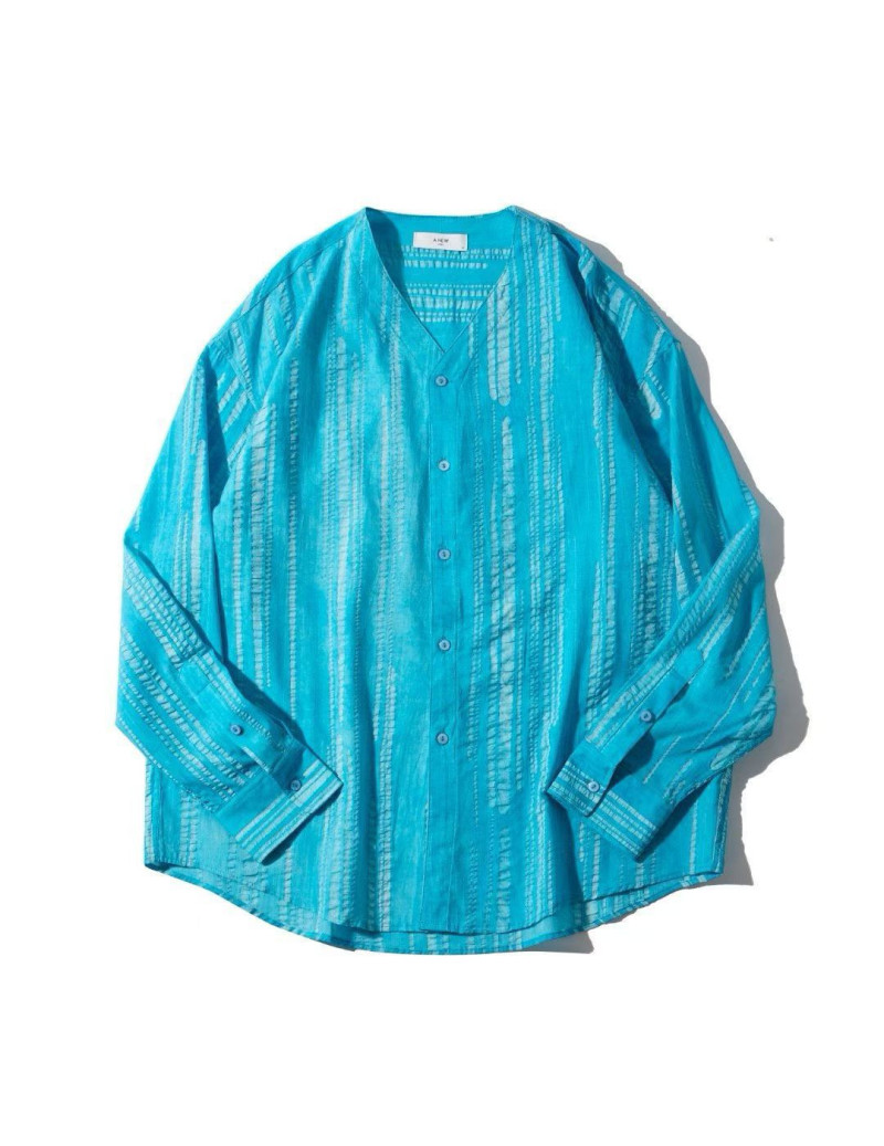 Textured Turquoise Button-Up Mandarin Collar Shirt